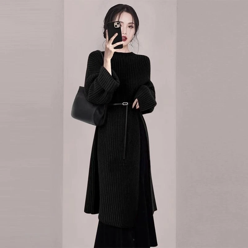 Autumn Winter Chic Red Knitted Mid Length Dress Refined Temperament Loose Fit Over Knee for Overcoat