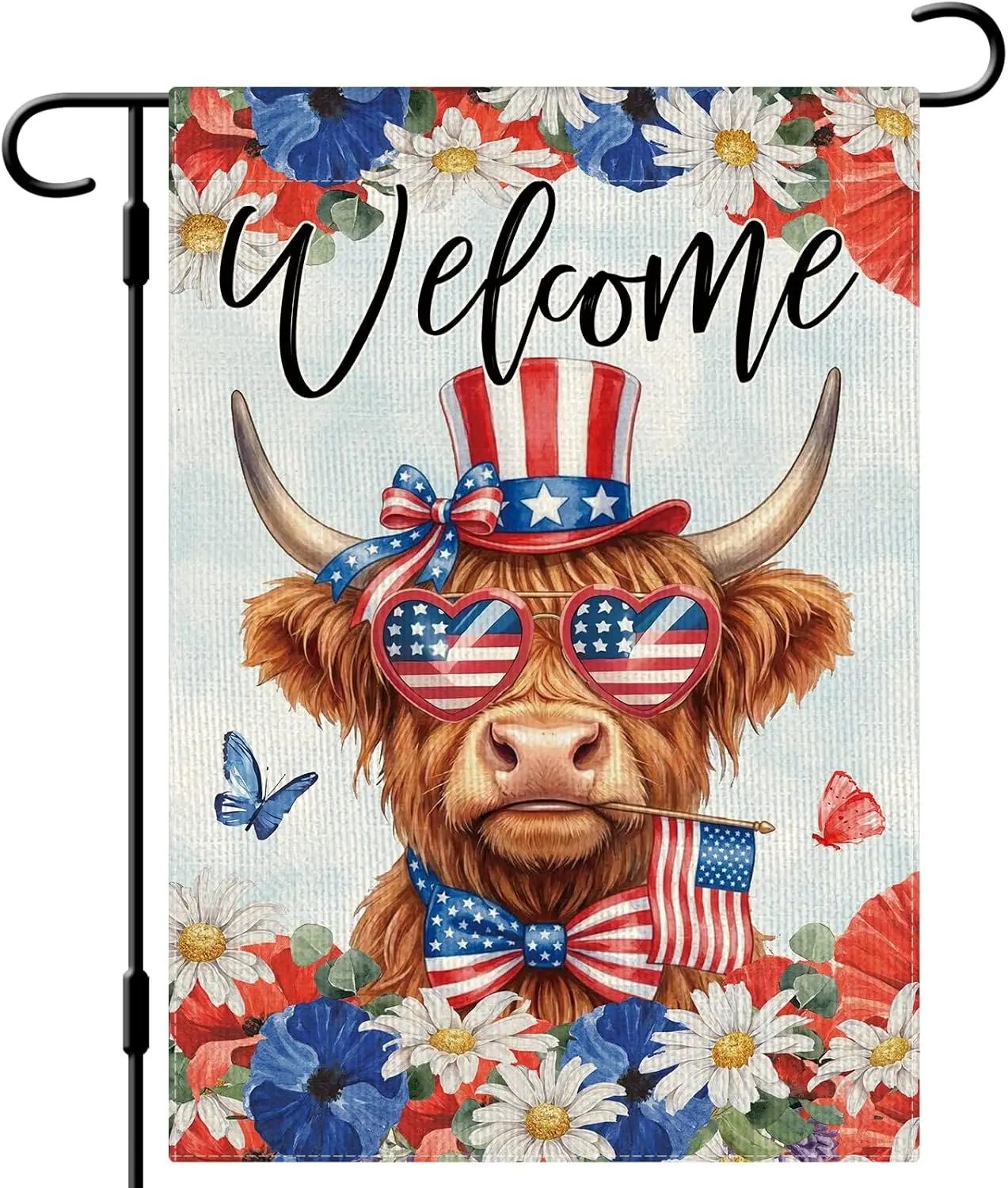 DLZDN 4th of July Patriotic Highland Cow Garden Flag 12×18 Inch Double Side Vertical Burlap Farmhouse Yard Sign Independence MMZ