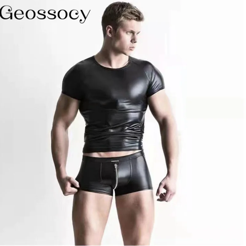 

Sexy Mens Lingerie Latex T-shirt Top Solid Faux Leather Slim Stretch Shirt Tank Tops Club Stage Performance Muscle Tight T-Shirt