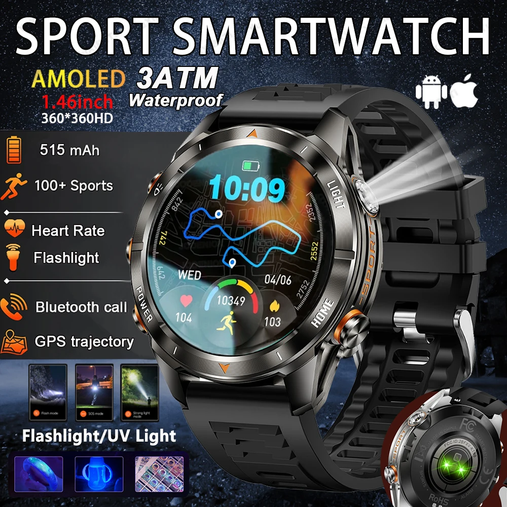 

2026 New Outdoor Sports Smart Watch Men 515mAh Large Battery LED Flashlight Compass 3ATM Waterproof Bluetooth Call Smartwatch