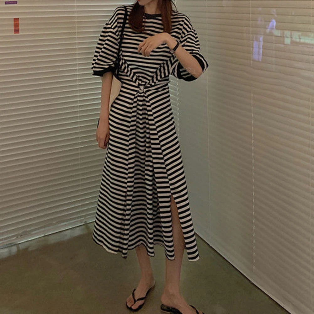 Robe T-Shirt rayée à manches courtes pour femmes, jupe ample, effet amincissant, taille coréenne, été