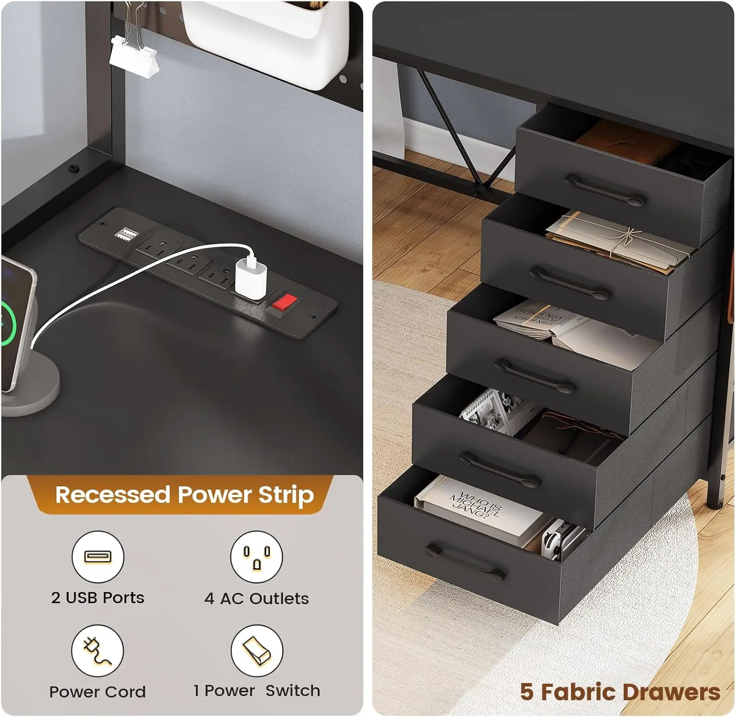 SEDETA-L Shaped Gaming Desk com gavetas, Mesa do computador com Hutch e Prateleiras De Armazenamento, Mesa de jogos com Pegboard