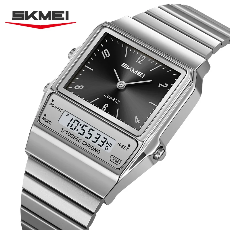 SKMEI 2632 Waterproof Stainless Steel Strap Chrono Mens Wristwatches Shockproof Quartz Watches Luxury Dual Display Watch for Men