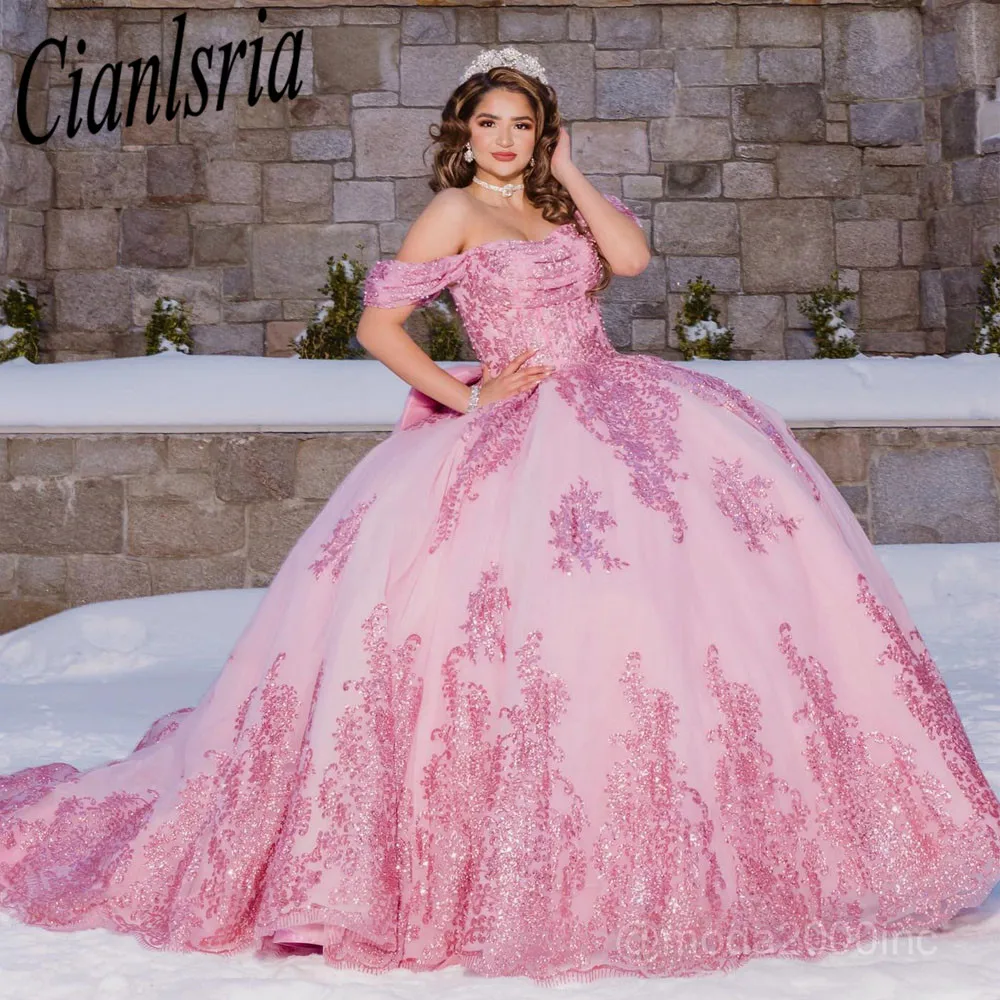 Vestidos de encaje de lentejuelas rosas para quinceañera, vestidos de baile de princesa de 15 y 16 años