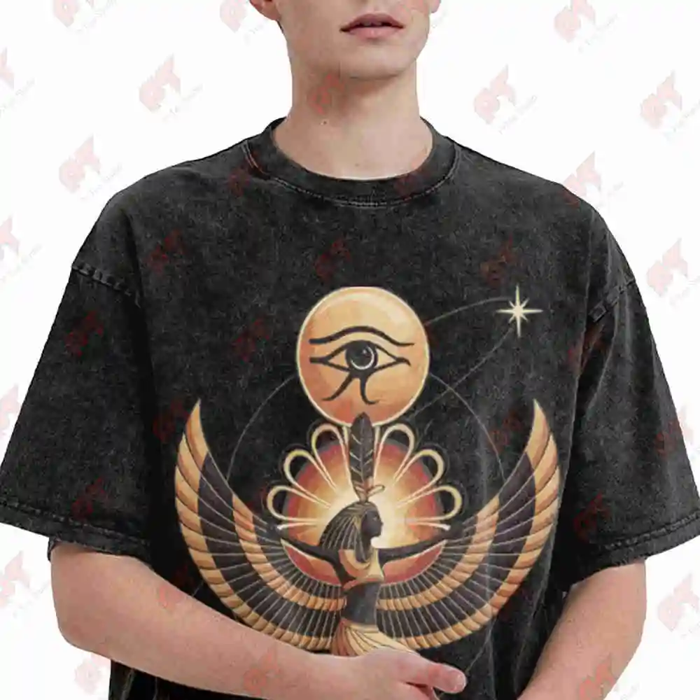 Egyptian Goddess Maat Eye Of Horus Sun Vintage Washed Tee Pure Cotton T-Shirt