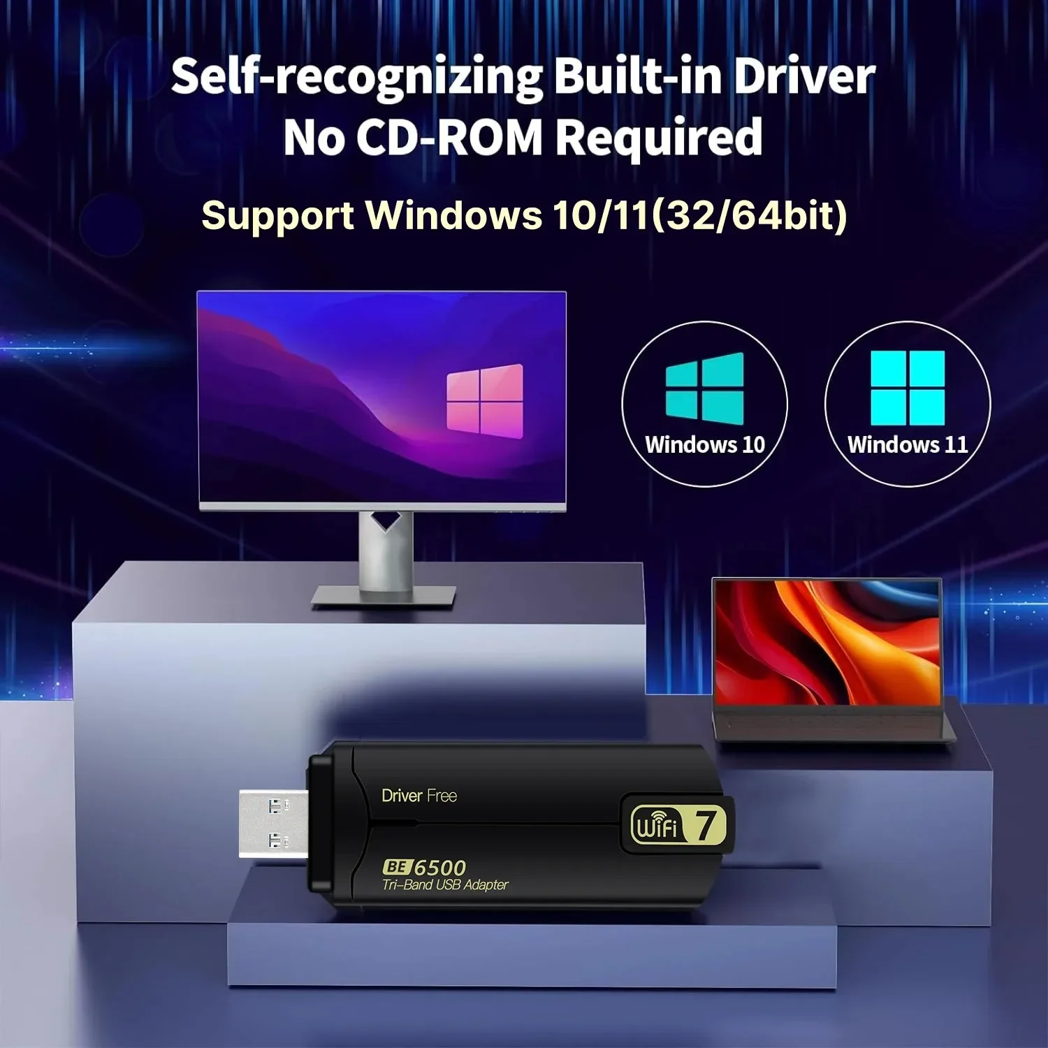 USB 3.0 WiFi 7 Adapter 6500Mbps Wireless Network Card 2.4G&5G&6G Tri Band Wi-Fi Receiver WiFi Ethernet Adapter For Win10/11
