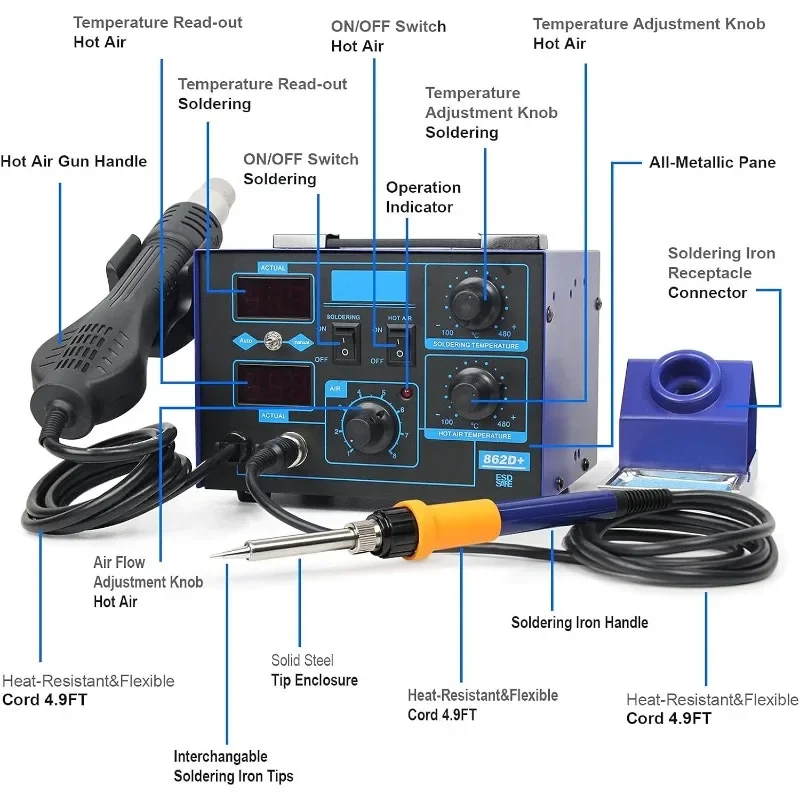 home.2in1 862d+ SMD Soldering Iron Hot Air Soldering Station W/Various Accessories(Improved Version of 852 and 862)