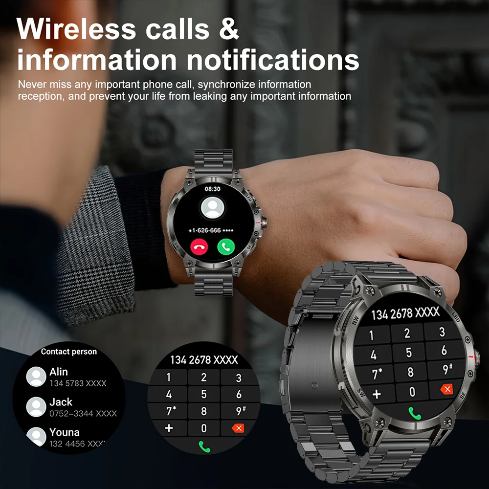 다오르코우 2025 신형 남성용 760mAh 대용량 배터리 LED 손전등 나침반 IP68 방수 1.8인치 HD 대화면 BT 통화 스마트워치