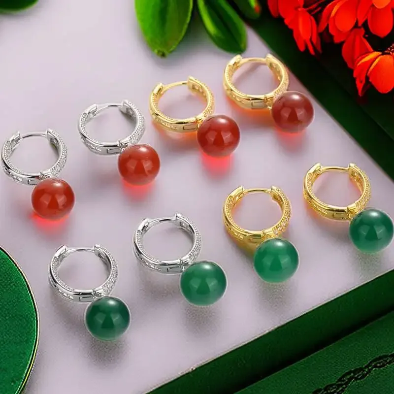 Green Real Jade Bead Earrings Natural Jewelry Vintage Lucky Energy Fashion Gift Amulet Women Stone Charm Carved Talismans