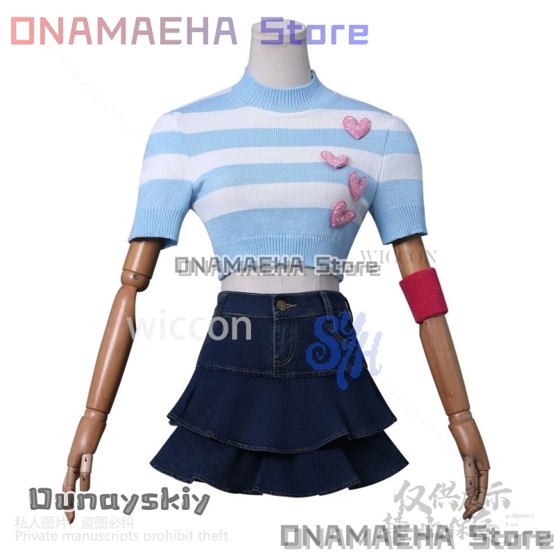 أنيمي فوز كلوب تأثيري بلوم زي جيراي كي الفتيات ريترو مخطط محبوك القلب جميل تي شيرتات قصيرة الاكمام فستان قصير كوس #4