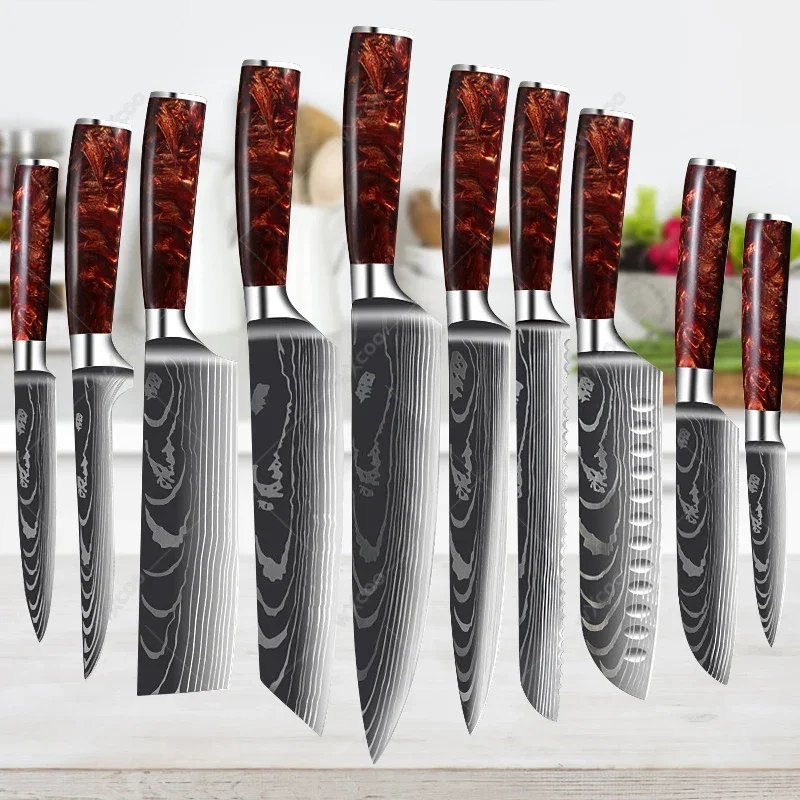 

Red Resin Handle Chef Knife Damascus Laser Pattern Kitchen Knives Set 7Cr17Mov Japanese Santoku Knife Boning Knife Meat Cleaver