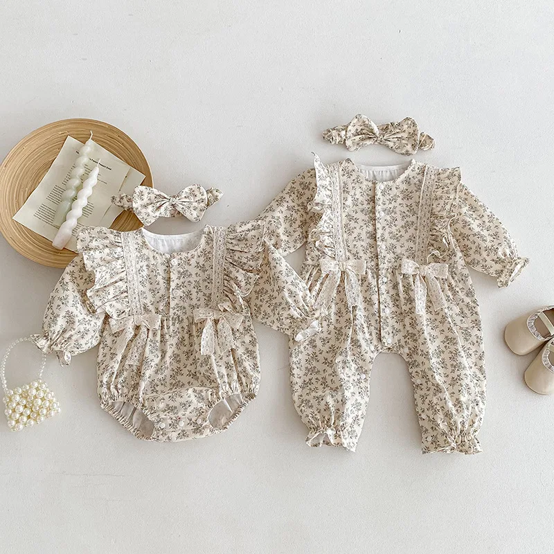 

Cute Spring Baby Girl Bodysuit Floral Pattern Long Sleeve Romper with Headwear for 6-18M