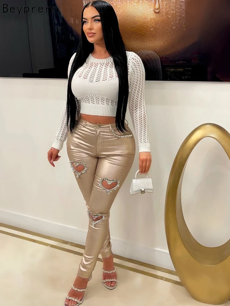 

Бепрн ​ Женские брюки с металлическим золотом и стразами в форме сердца, сексуальные блестящие узкие брюки с высокой талией, уличная одежда, наряды