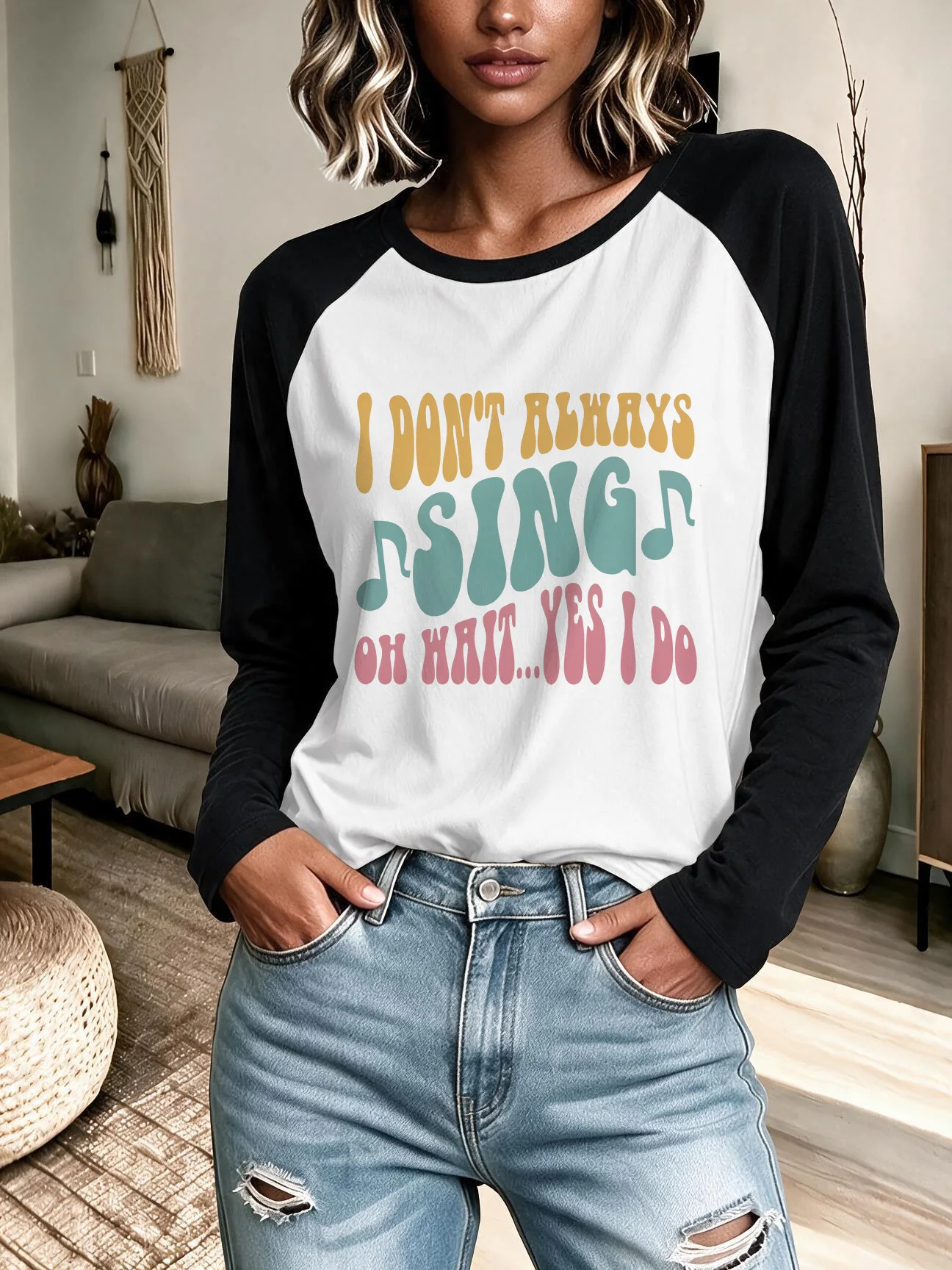 Trend Style Raglan Long Sleeve Crew Neck T Shirt Vintage Letter Funny Singer Print Graphic Tshirt Women's Casual T-Shirt Outfit