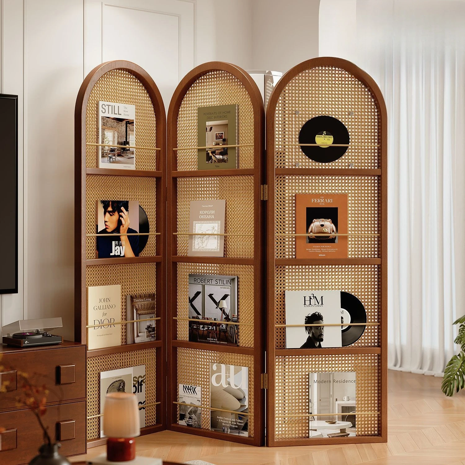 Medieval rattan screen living room folding partition facing the door, new model blocking the entrance, retro solid wood shelf