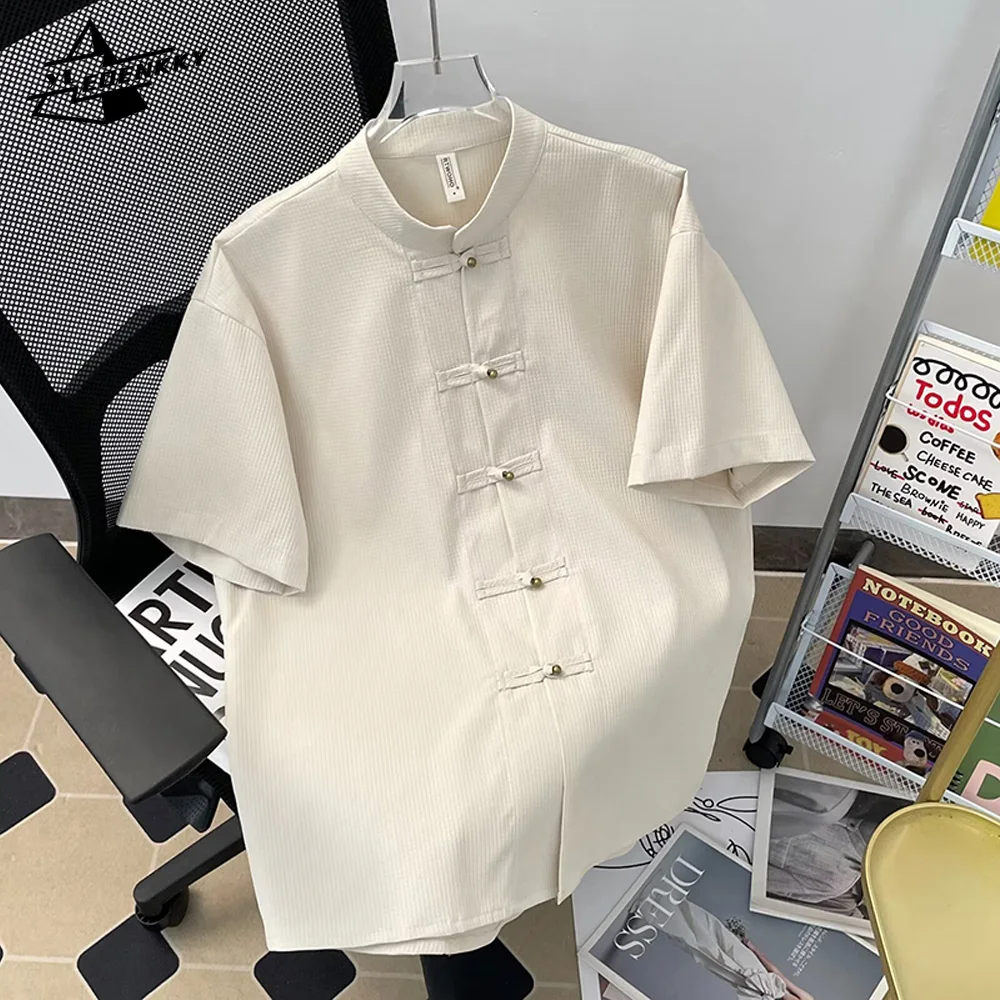 

Men's Casual T-shirt Vintage Lapels Short Sleeves Tops Chinese Style Pan-button Loose Shirt Summer Solid Color Unisex Thin Tees