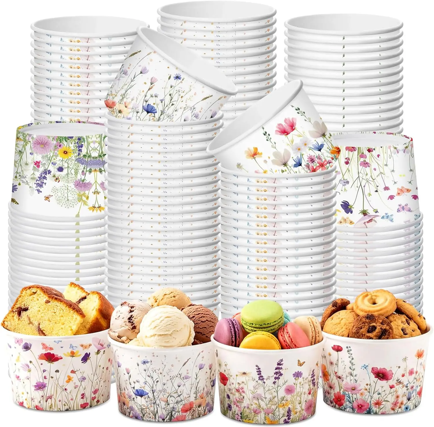 

120 Pcs Spring Wildflowers Snack Cups 9 oz Disposable Spring Wildflowers Ice Cream Paper Bowls Decorative Dessert Treat