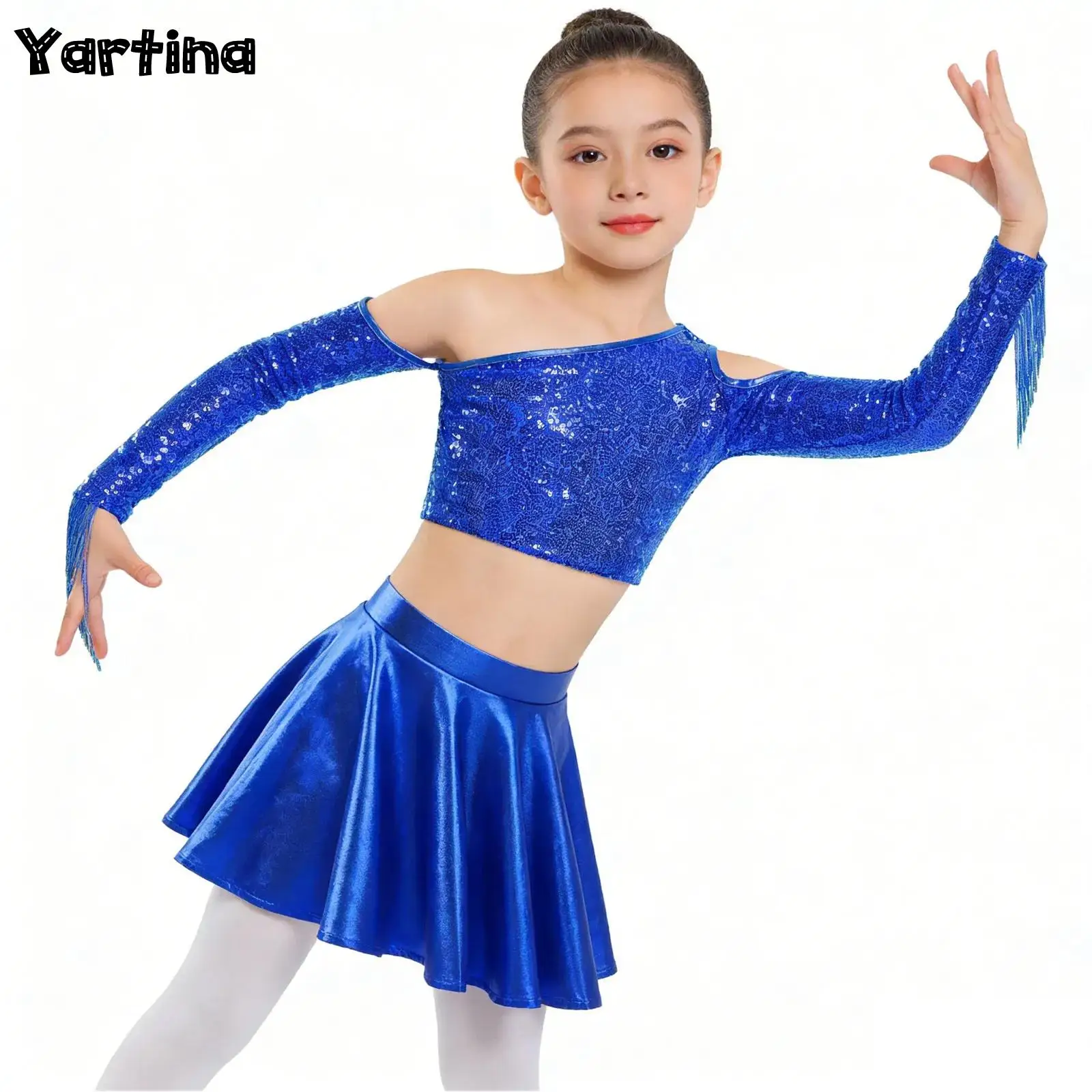 

Kids Girls Metallic Shiny Hip Hop Jazz Dance Performance Costume Tassel Sequined Crop Top And High Waist Pleated A-line Skirt