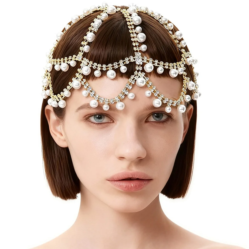 1920s Pearl Headpiece Flapper Cap Rhinestone Head Chain Gold Alloy Sparkle Flapper Mesh Headband Boho Hair Jewelry for Wedding