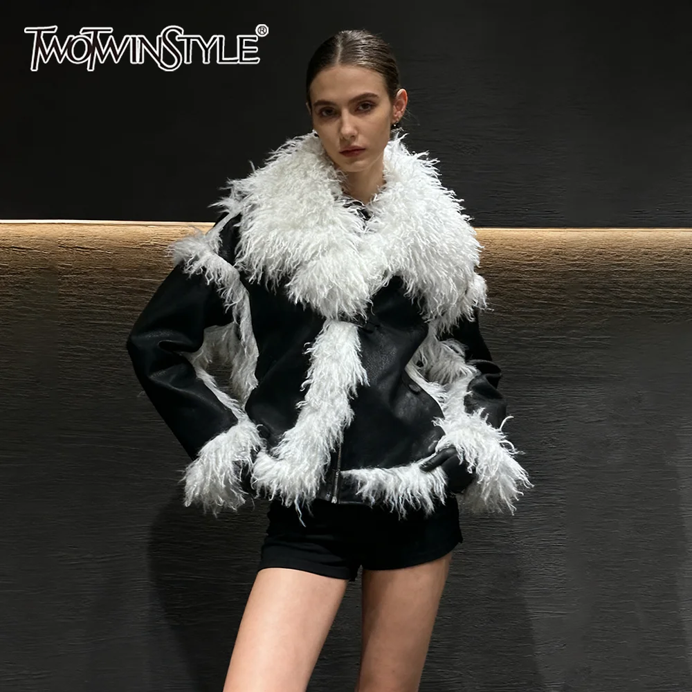 

TWOTWINSTYLE Hit Color Spliced Fur and Leather Fashion Jackets for Women Lapel Lomng Sleeves Casual Jacket Female Clothing New