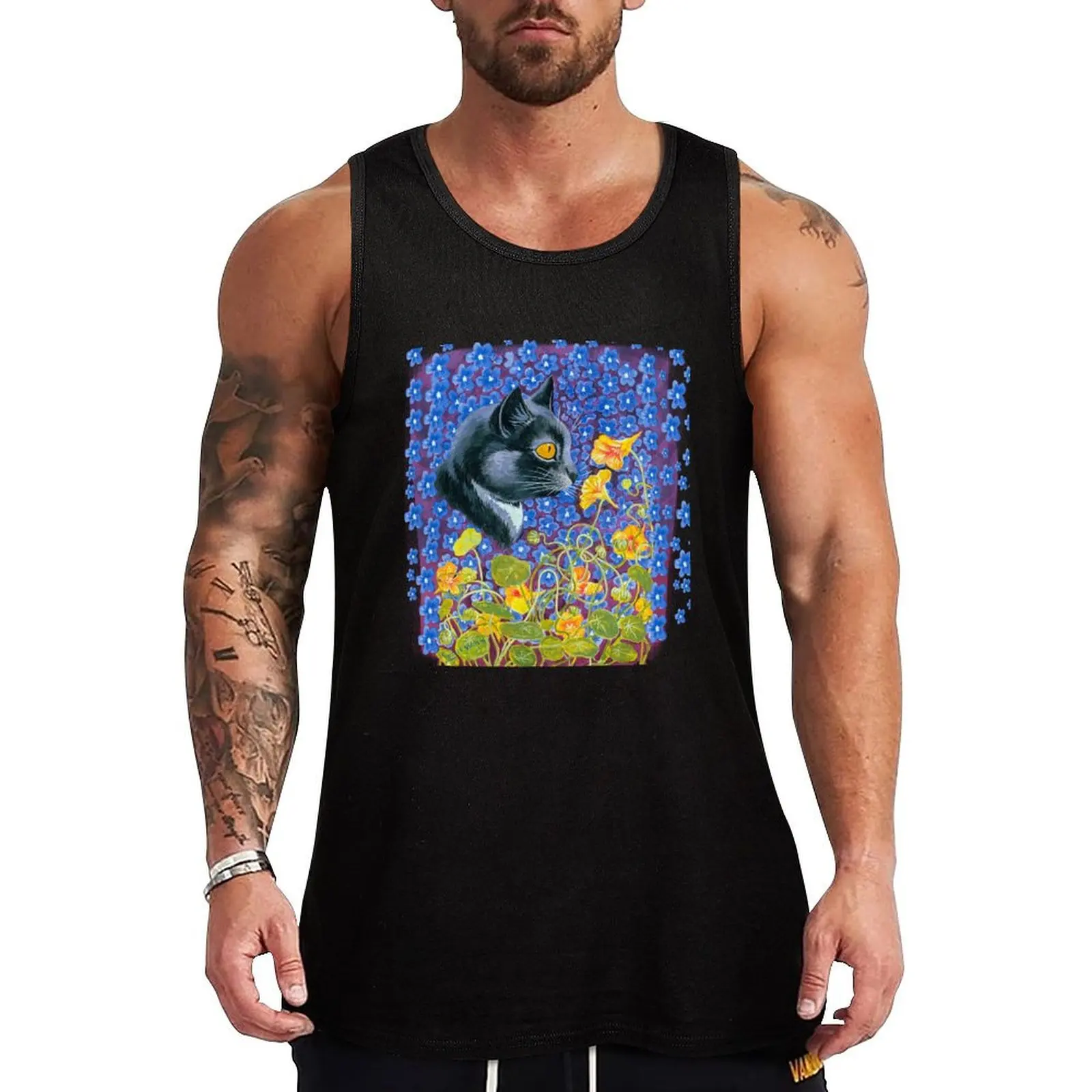 

A Cat In A Sea Of Flowers By Louis Wain Black cat with flowers Tank Top sleeveless t-shirts for men Men's sleeveless Men's gym