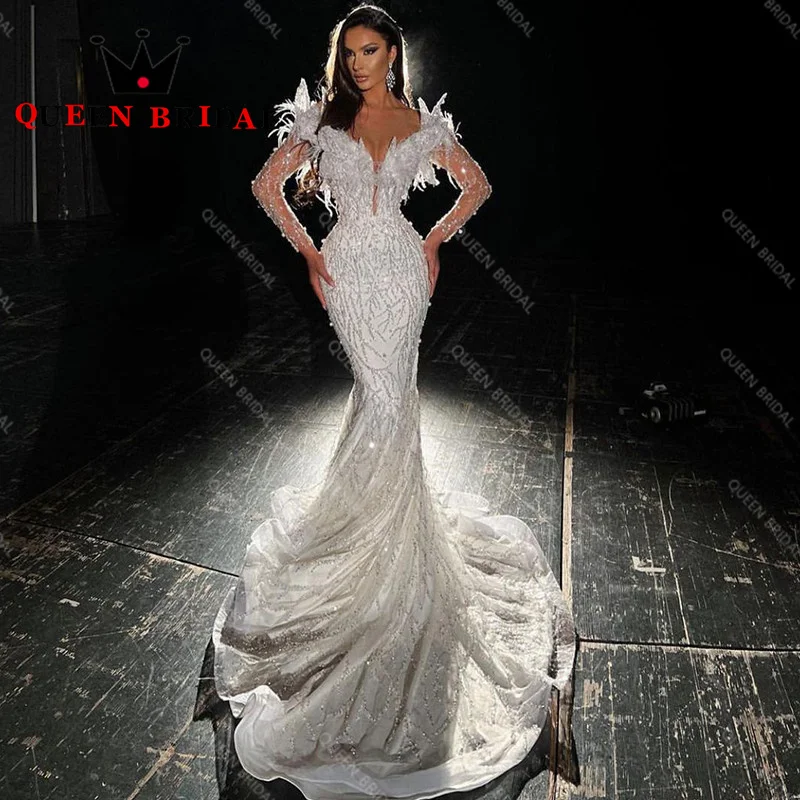 Luxury Sequined Lace Pearls Beading Wedding Dress Floor Length V Nck Long Sleeve Mermaid Bridal Gown Robe De Mariée Custom Y15X