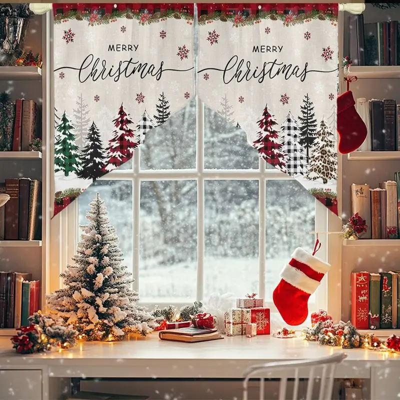 VIKAMA Christmas Swag Curtain Plaid Border Xmas Tree Snowflake Print Triangle Valance For Kitchen Window Living Room Decor