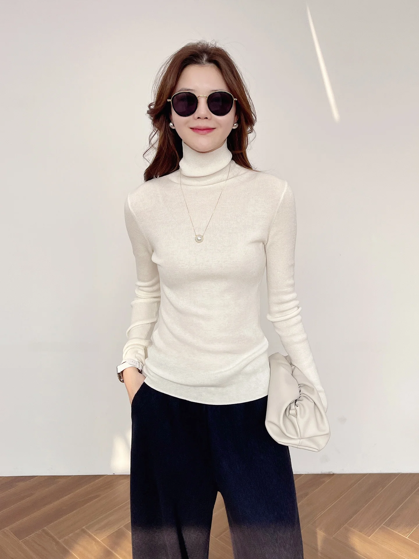 

Korean Faion High Ne Slim Fit Woolen Knitted Sweater Elastici Soft Long Sve Commute Sle mat Casual Wool Kni...