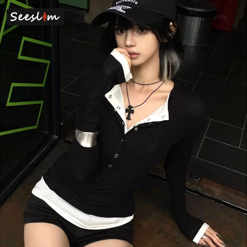 

Seeslim Patchwork Fake Two Piece T Shirt Women Clothes Long Sleeve Gothic 2000s Clothes Y2k Tees Female Clothing Autumn Tops