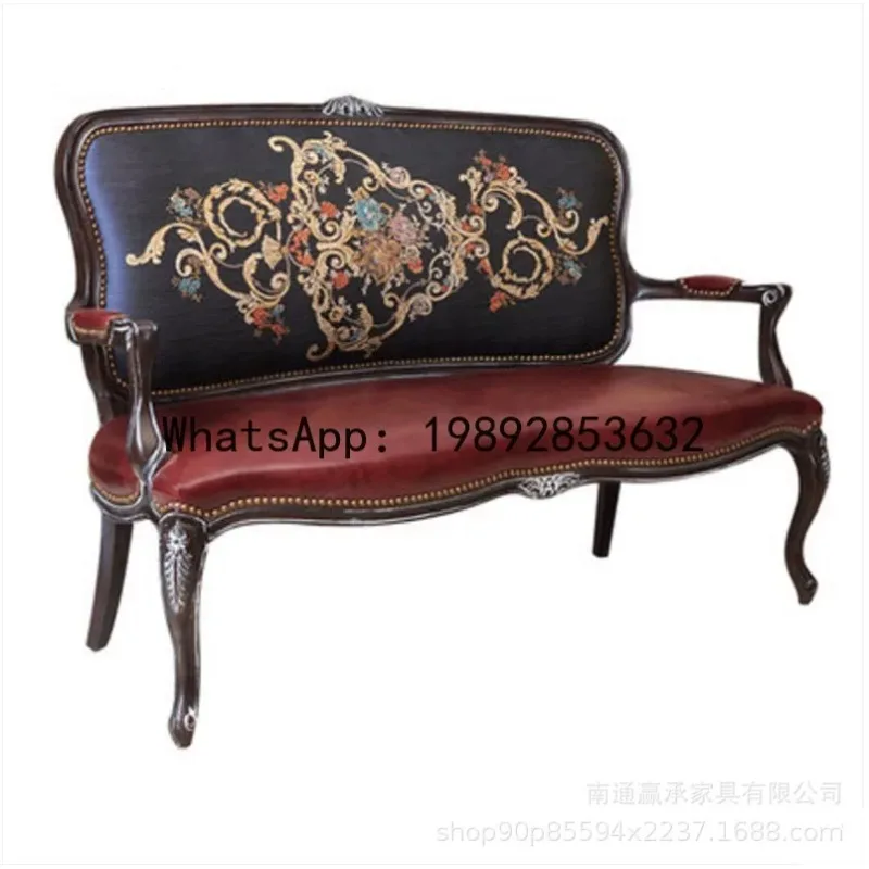 

XLL French Retro Solid Wood Sofa Chair European Solid Wood Carved Sofa Chair American Country Leather Double Sofa