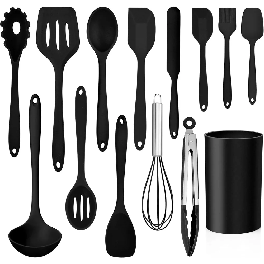

14 pcs cooking utensils set with holder, heat resistant silicone kitchen cookware utensils set, kitchen cooking tools includes