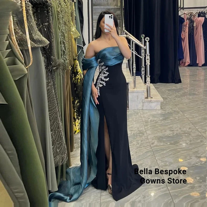 

Trendy Rhinestones Prom Dresses for Women Pleating Mermaid Slit Kuwait Saudi Arabric Vestidos De Noche Plus Customized