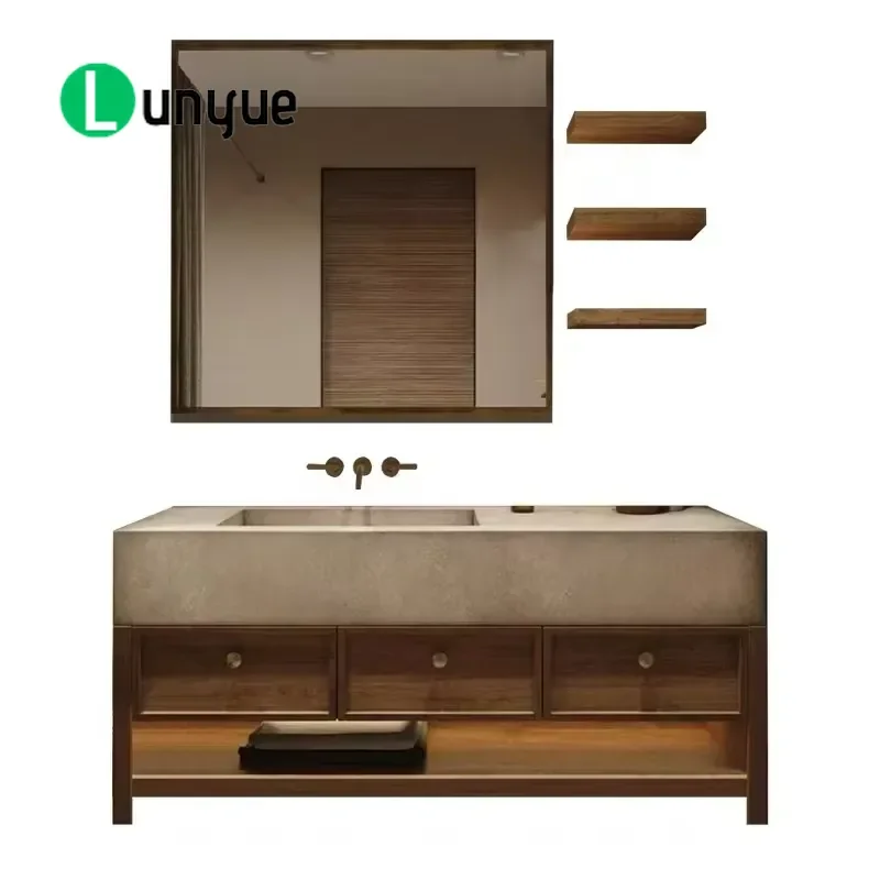 Modern Bathroom Vanity Cabinet Set with Sintered Stone Basin Wooden Veneer Small Space Saving Design for Compact Bathrooms
