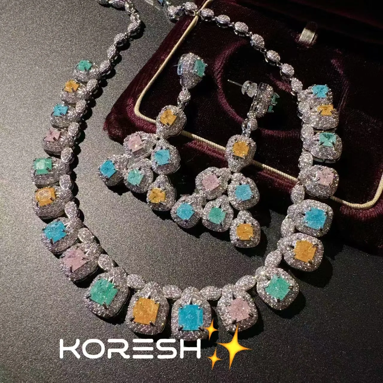 

18-каратное позолоченное цветное ожерелье и серьги с драгоценными камнями для женщин, модный ювелирный аксессуар