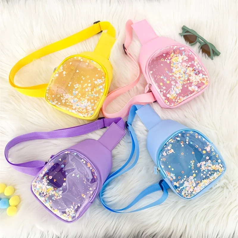 Cute Colorful Girls Transparent Sequin Chest Bag Lovely Creative Boys Kids Zipper Crossbody Bag Children Coin Purse Handbags