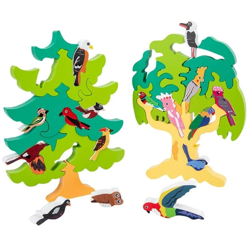 090B Wooden Stacking 3D Kids DIY Assembled Bird Tree Puzzle Early Educational Toy