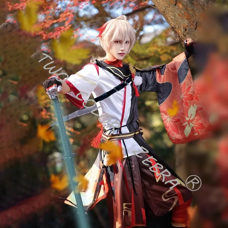 Kaedehara Kazuha Cosplay Samurai Unifrom Costume Game Genshin Impact Wig Red Top Cloak Leg Coverings and For Halloween Stage