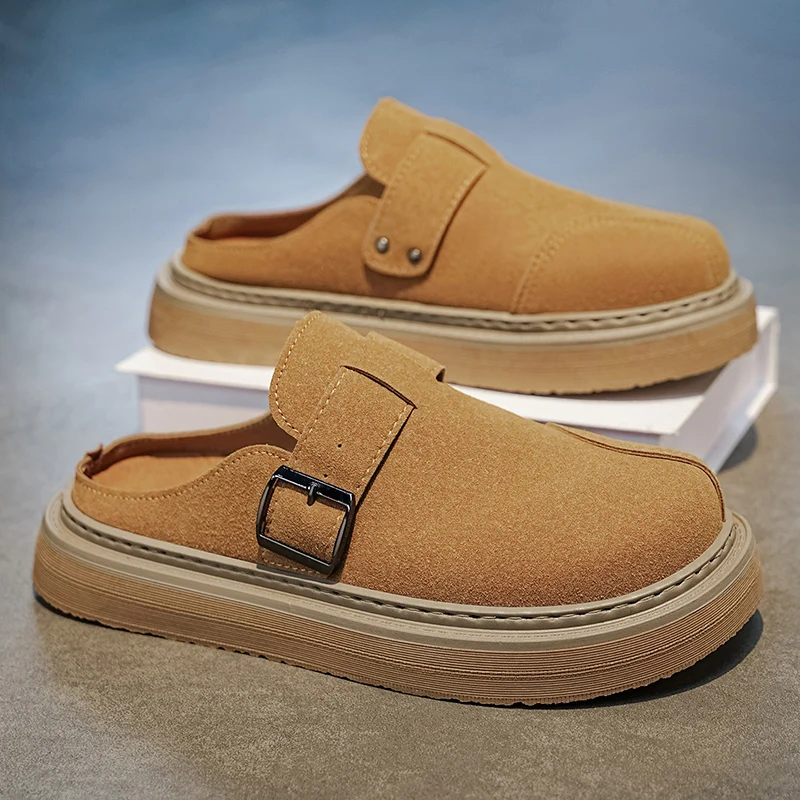 Men Slip On Mules Spring Autumn Moc Toe Design Matte Finish Metal Buckle Detail Chunky Flat Sole Backless Loafers