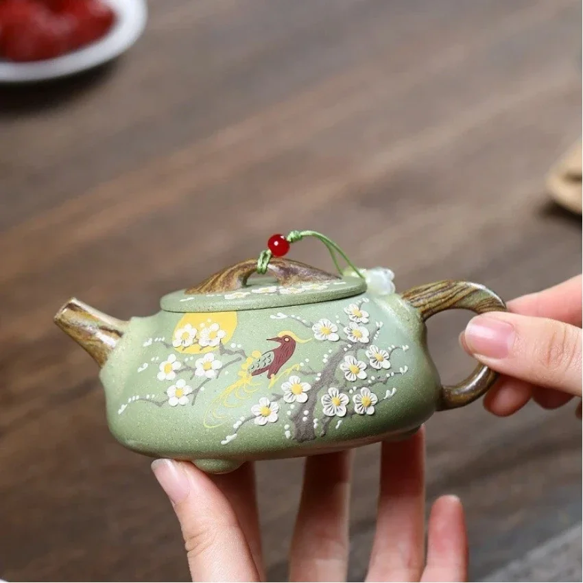 Yixing Purple Sand Stale Bean Green Sand Ingenious Handmade Stone Gourd Clay Painted Magpie Stepping on Plum Branches Tea Set