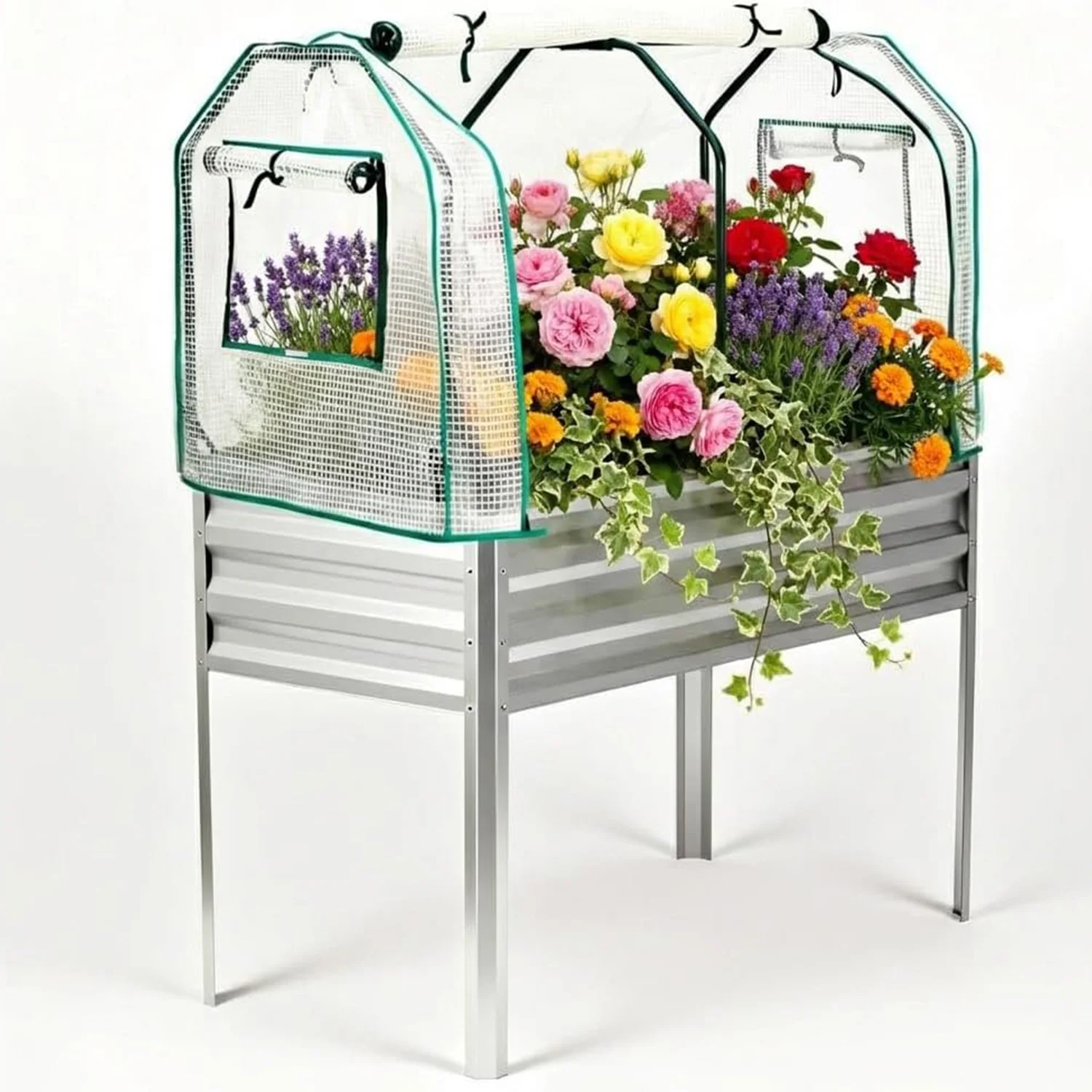 

Оцинкованная приподнятая грядка 48x24x55 дюймов с ножками и укрытием-теплицей, приподнятый ящик-клумба для овощей, цветов, патио, балкона