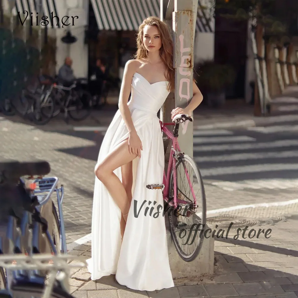 

Viisher White Satin High Split Boho Wedding Dresses Pleats Sweetheart Long Bohemian Wedding Bridal Gowns Back Lace Up