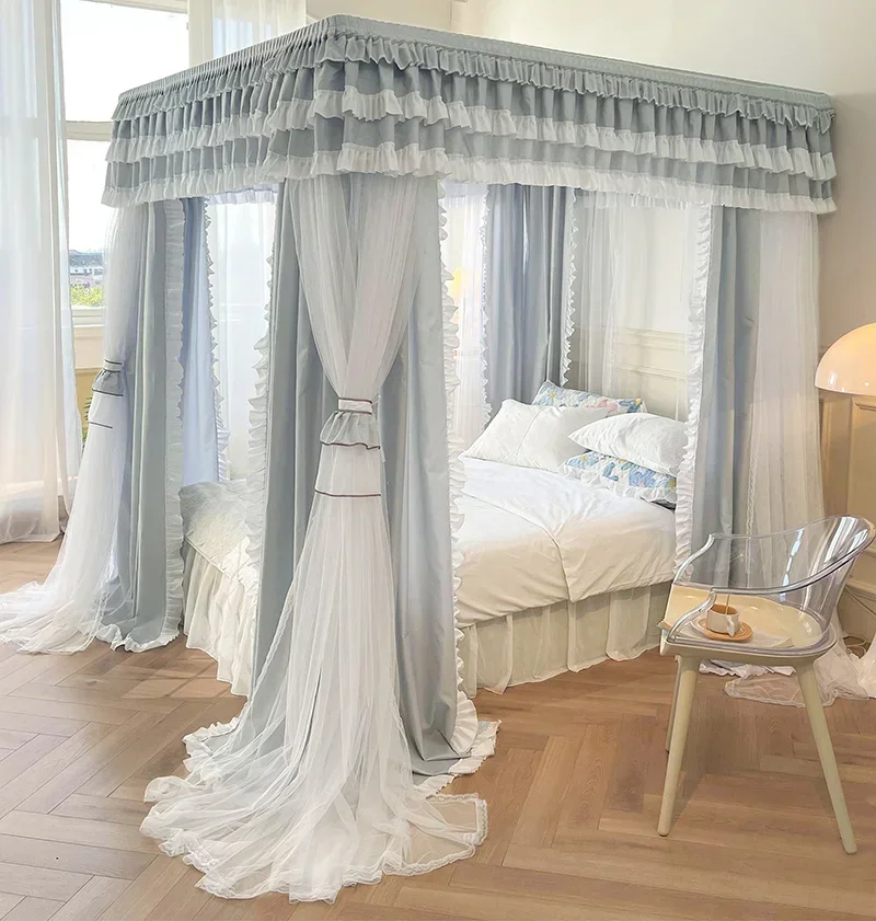 Double Layer Shading Palace Mosquito Net Three-Door Bed Curtain Valance Thickened Stainless Steel Bracket Bedroom Decoration