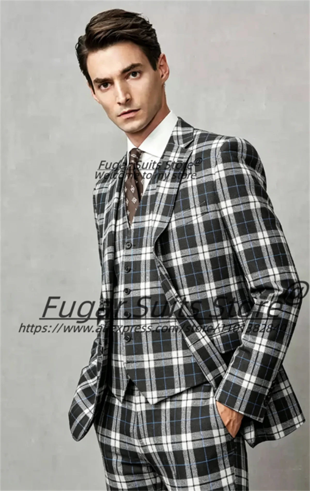 Business Formal Plaid Men Suits Customized Slim Fit Notched Lapel Groom Wedding Tuxedos 3Pcs Sets Male Party Blazers Ropa Hombre