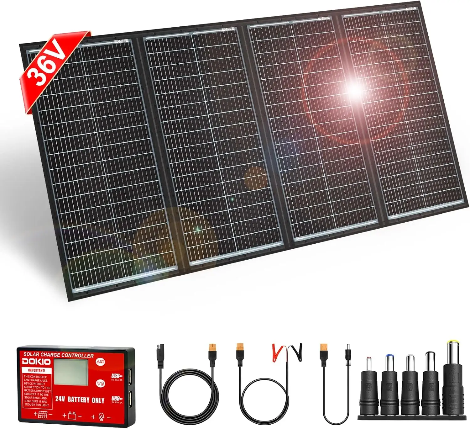 

DOKIO 300W 36V Black Portable Solar Panels Kit Folding Solar Charger 24v Batteries/Power Station AGM LiFePo4 RV Camping Trailer