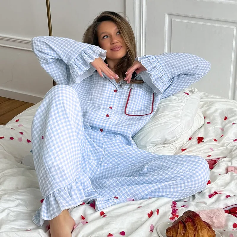 Women’s Fall/Winter Sleepwear Set | Cozy Ruffle Hem Design | Soft Viscose Cotton Blend Long Sleeve Top & Pants Relaxed Fit Comfo
