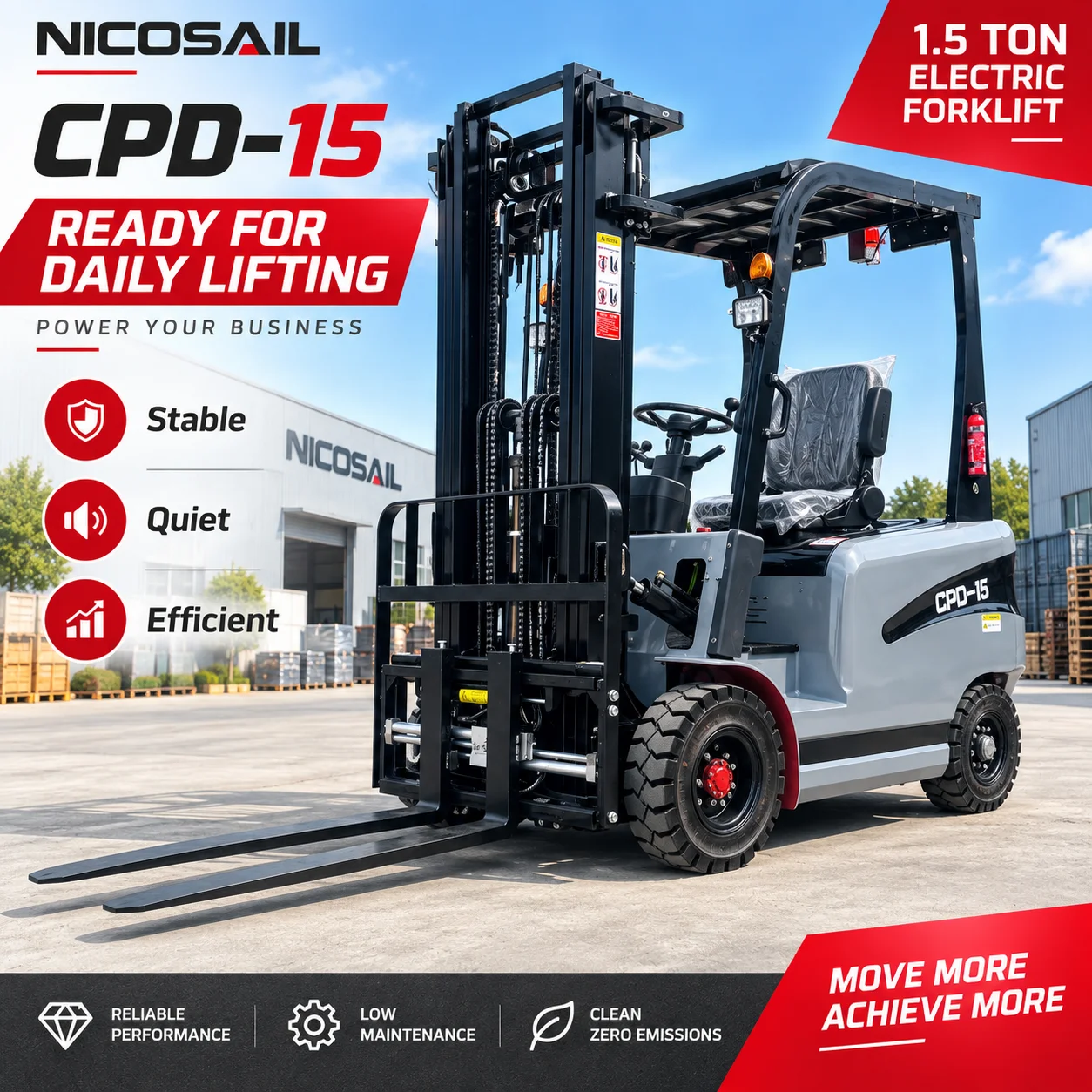 Compact 1.5 Ton Electric Forklift Truck for Warehouse Pallet Handling Indoor Factory Loading Material Equipment