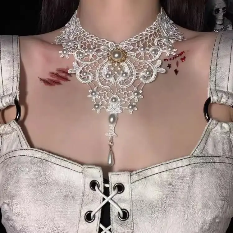 Court Lolita Lace Clavicle Collar Vintage Neck Strap Tassel White Lace Collar Necklace Necklace