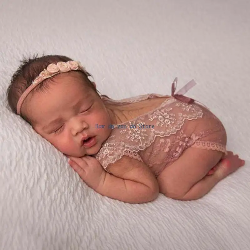 19QF Baby Lace Romper The -Beadble Stet Newborn Proploy Props Bodysuituit Bemsuit with Flower Hair Band Infants Fotografie