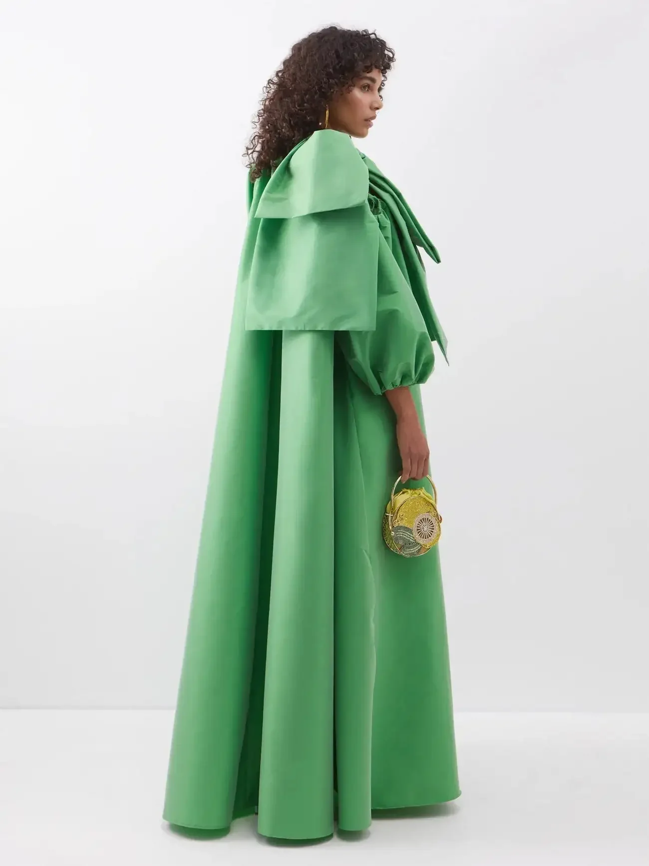 Gorgeous Silk Taffeta Caftan Maxi Dress Puff Sleeves Big Bow Green Evening Dresses Oversize فساتين للحفلات الراقصة Formal Gowns