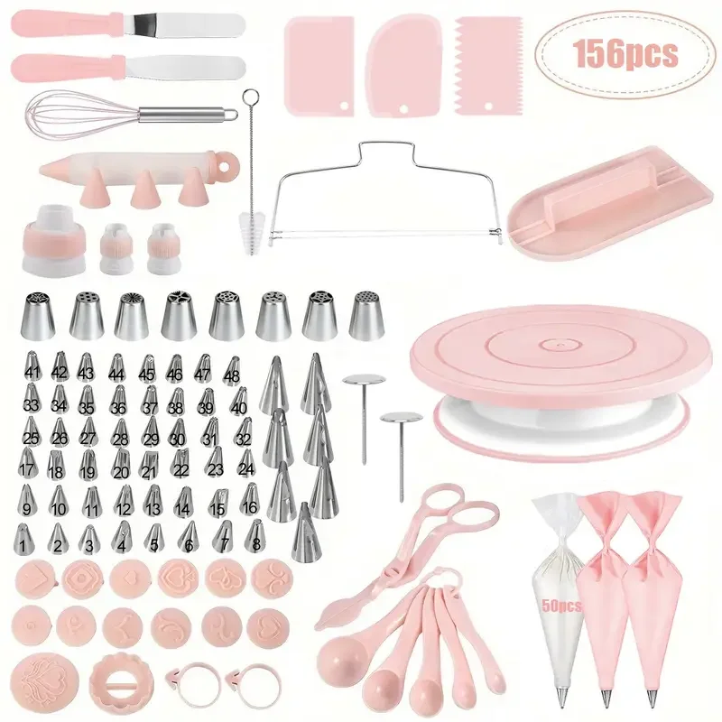 156PCS Ultimate Cake Decorating Set with Turntable,Stainless Steel Nozzle and Baking Tools - Perfect for DIY Cupcakes Baking Set